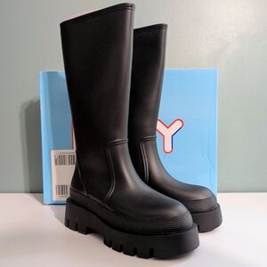 NIB $175 Jeffrey Campbell Ilya Black Platform Knee-High Waterproof Boots Size 7